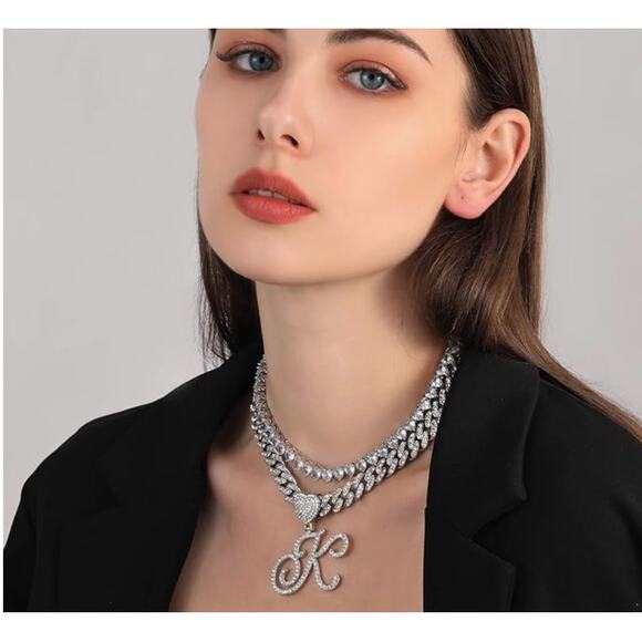 Iced Out Initial K Cuban Heart Chain Necklace Layered CZ Bling Choker - Picture 5 of 5